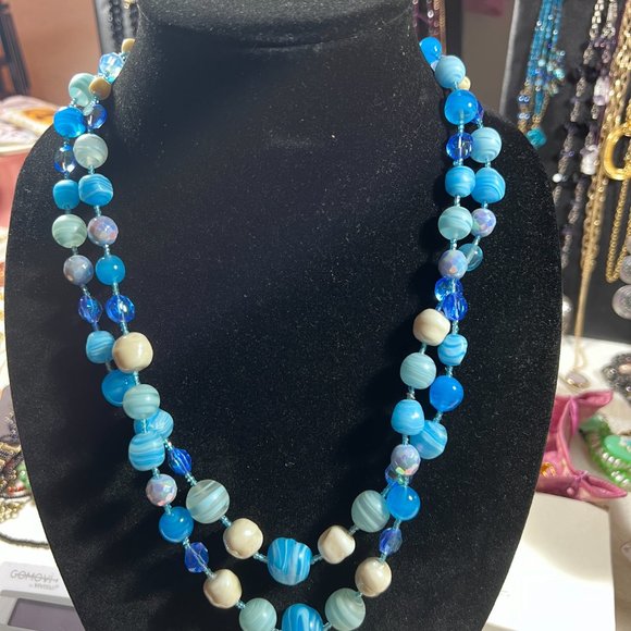 Gorgeous Vintage Blue Glass Bead Chunky Statement double strand necklace - Picture 1 of 9